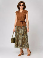 Women's Olive Green V-Neck Wrap Top & Caramel Printed Skirt Set