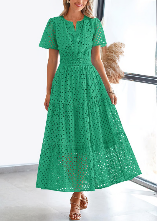 2025 Womens Summer V Neck Maxi Dress Short Sleeve Hollow Out Flowy Beach Dress