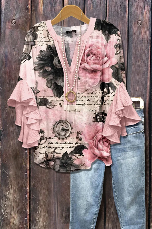 Classic Floral Print Ruffle Sleeve Top