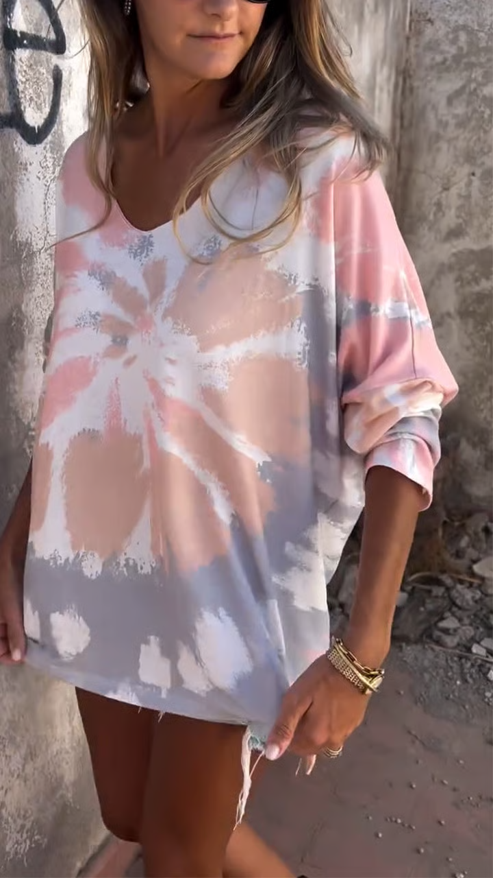 Women's V-neck Knitted Tie-dye Casual Top