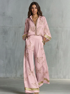 Elegant Butterfly Print Zip-Up Top & Wide Leg Pants Set
