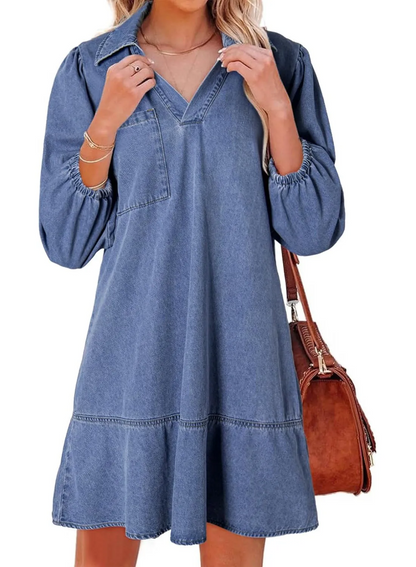 Women's V-neck Puff Sleeve Denim Layered Dress(BUY 2 FREE SHIPPING)
