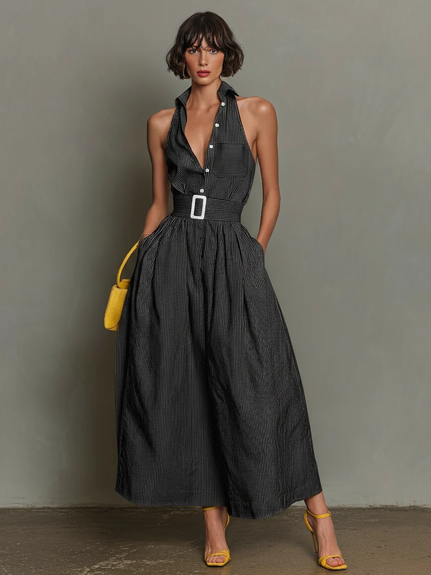 Women's Minimalist Striped Lapel Sleeveless Maxi Dress