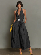 Women's Minimalist Striped Lapel Sleeveless Maxi Dress