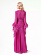 Elegant V-Neck Feather Cuff Flowing Chiffon Maxi Dress