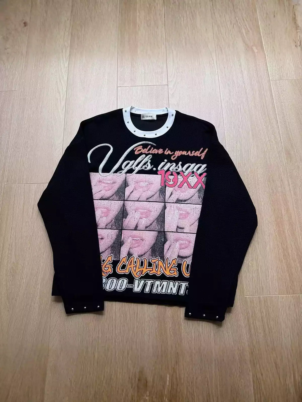 Waffle Knit Graphic Studded Long Sleeve Tee
