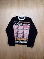 Waffle Knit Graphic Studded Long Sleeve Tee