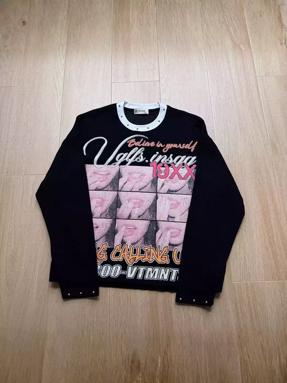 Waffle Knit Graphic Studded Long Sleeve Tee