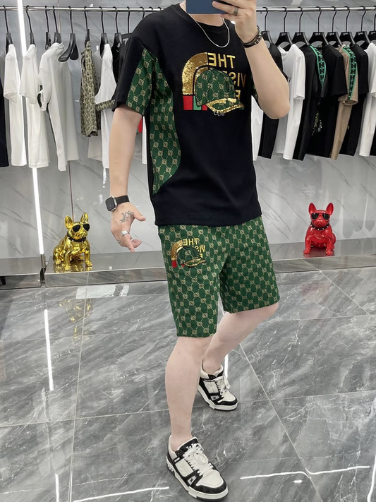 Men's casual wear set embroidered bear pattern