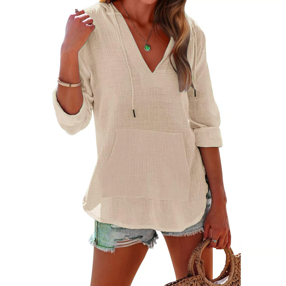 Women's Oversized Hooded Beach Cover Up - Long Sleeve V-Neck Pocket Shirt
