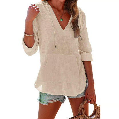 Women's Oversized Hooded Beach Cover Up - Long Sleeve V-Neck Pocket Shirt