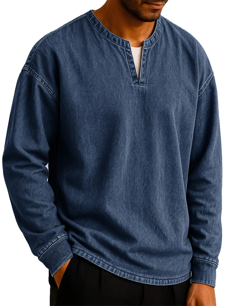 Men's Stylish Casual Outdoor V-neck Distressed Loose-fitting Long-sleeved T-shirt