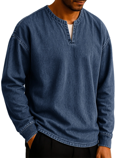 Men's Stylish Casual Outdoor V-neck Distressed Loose-fitting Long-sleeved T-shirt