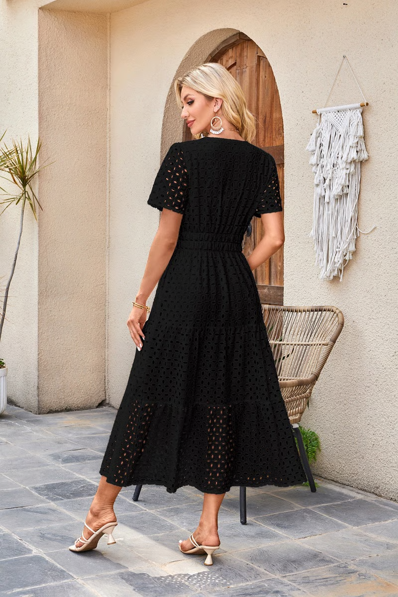 2025 Womens Summer V Neck Maxi Dress Short Sleeve Hollow Out Flowy Beach Dress