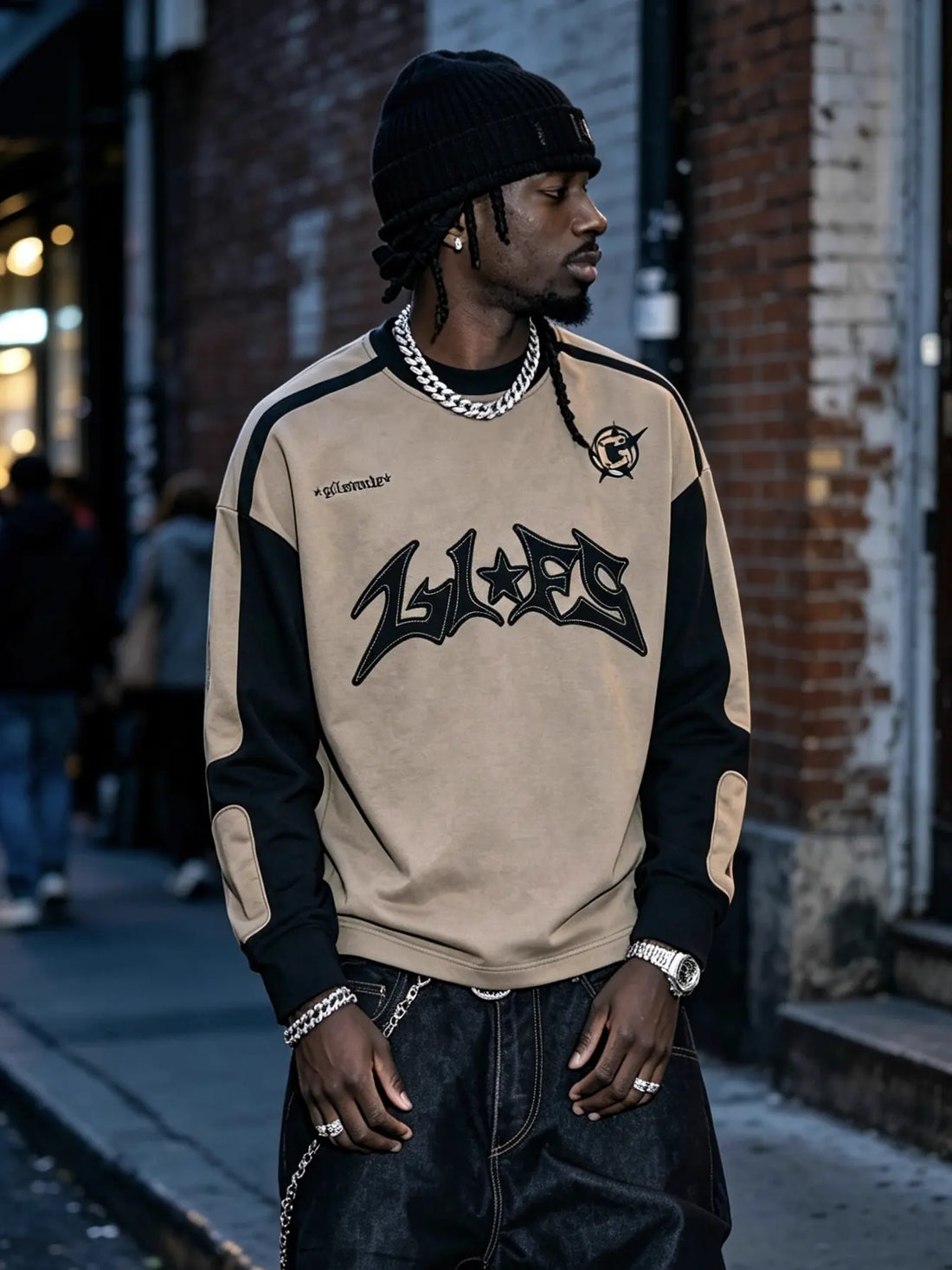 Suede Embroidered Colorblock Long Sleeve Streetwear Tee