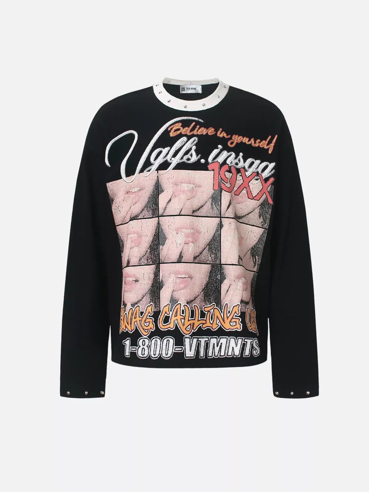 Waffle Knit Graphic Studded Long Sleeve Tee