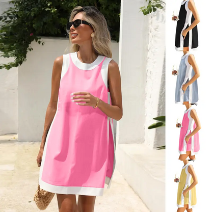 ⏰🔥LAST DAY 57% OFF - Women's Cotton 2-Piece Sets Color Block Crewneck Sleeveless Top + Skirt & Shorts w/ Pockets