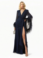 Elegant V-Neck Feather Cuff Flowing Chiffon Maxi Dress
