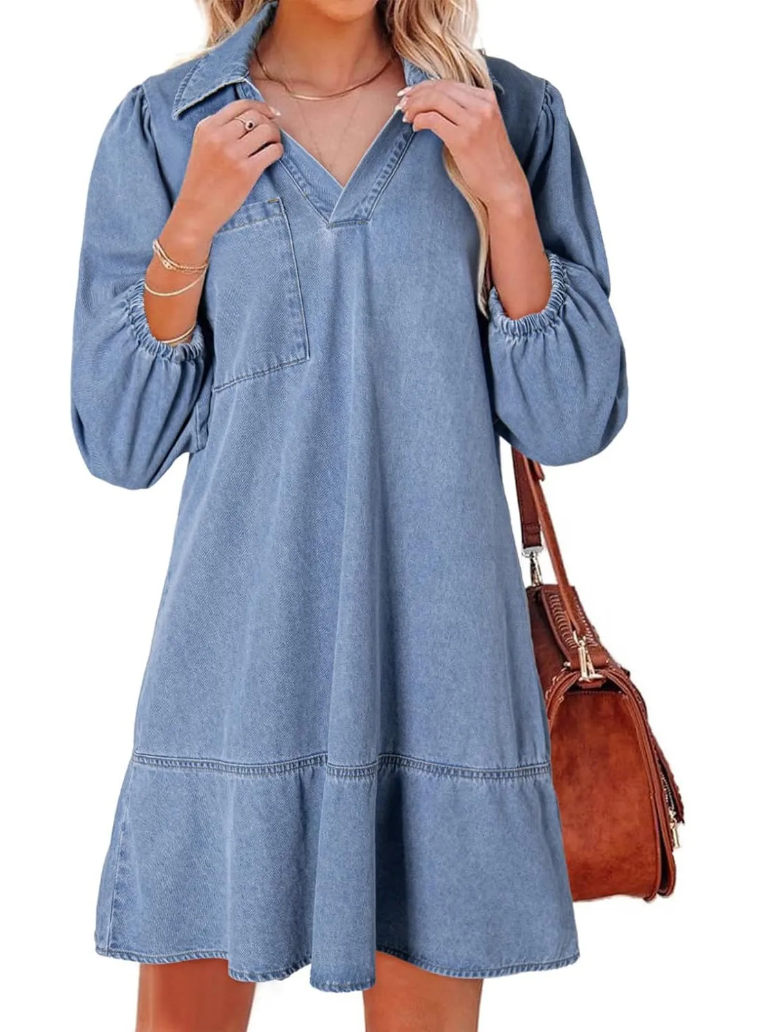 Women's V-neck Puff Sleeve Denim Layered Dress(BUY 2 FREE SHIPPING)