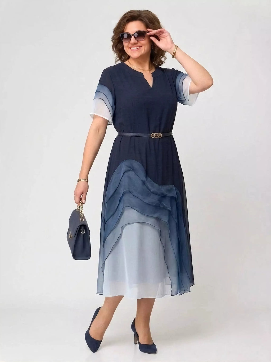 Elysian Gradient Tiered Chiffon Midi Dress in Navy