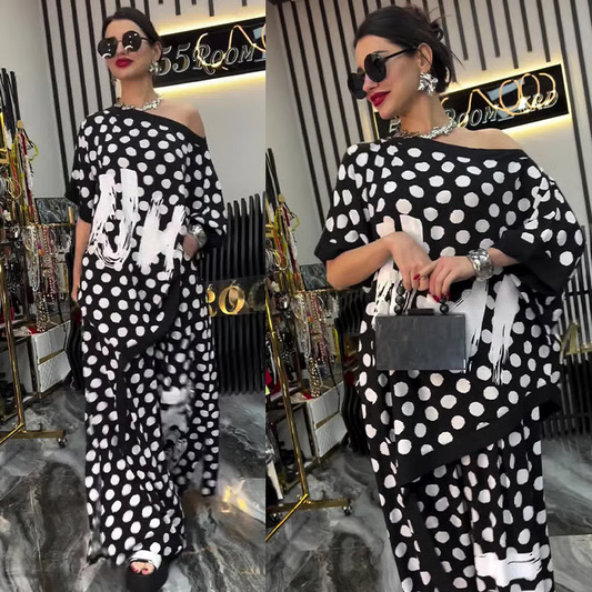 Trendy Polka Dot Print Set for Women: Oversized Top and Wide-Leg Pants