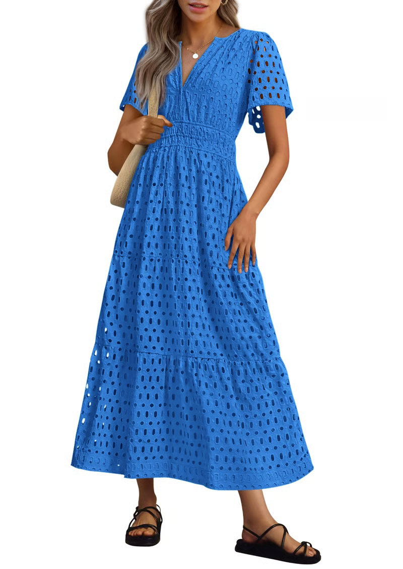 2025 Womens Summer V Neck Maxi Dress Short Sleeve Hollow Out Flowy Beach Dress
