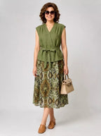 Women's Olive Green V-Neck Wrap Top & Caramel Printed Skirt Set