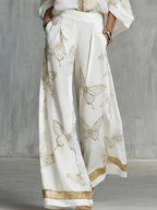 Elegant Butterfly Print Zip-Up Top & Wide Leg Pants Set
