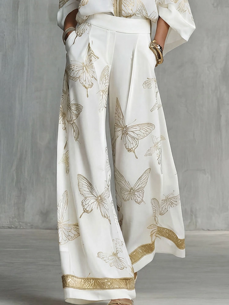 Elegant Butterfly Print Zip-Up Top & Wide Leg Pants Set