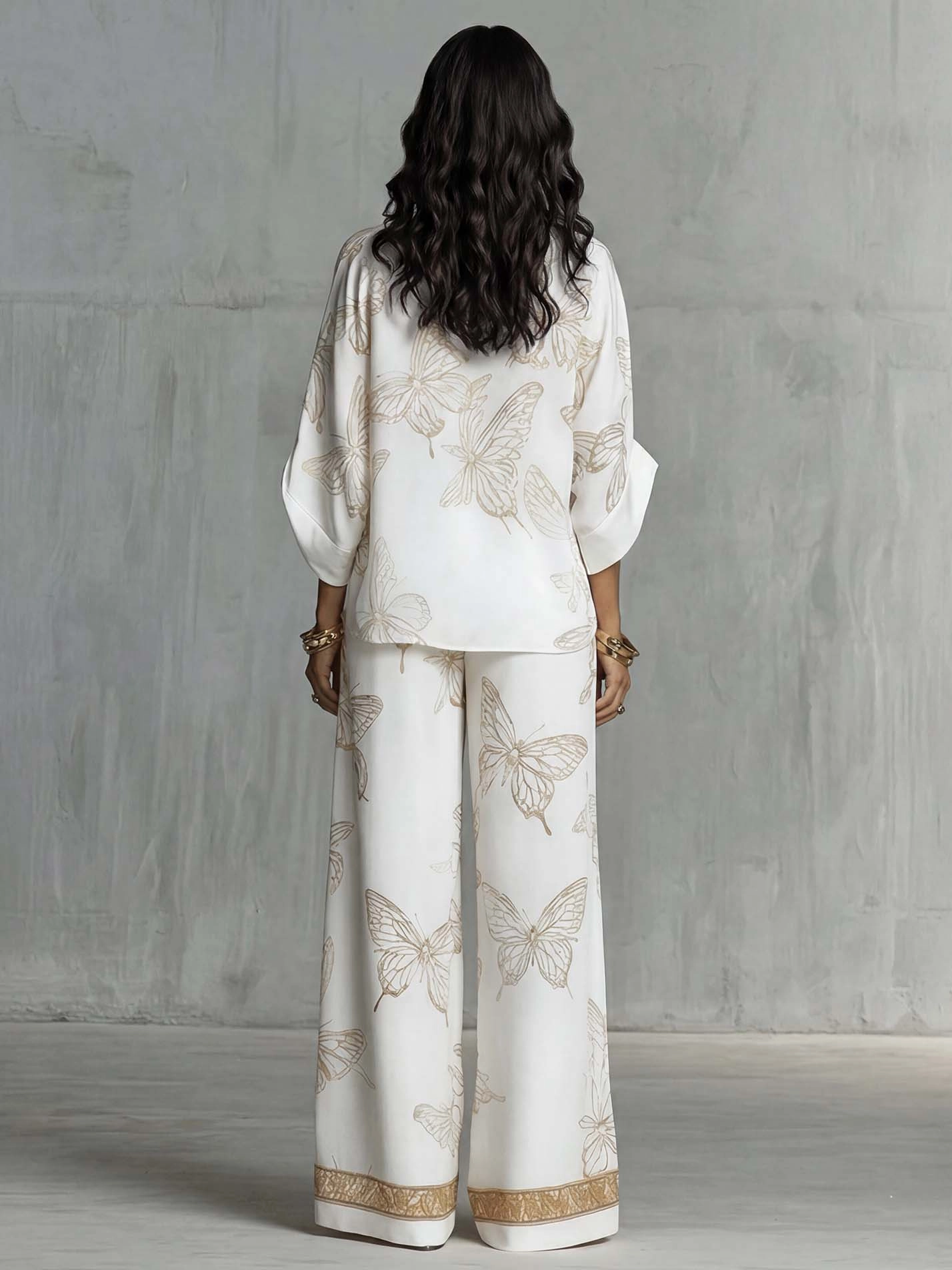 Elegant Butterfly Print Zip-Up Top & Wide Leg Pants Set