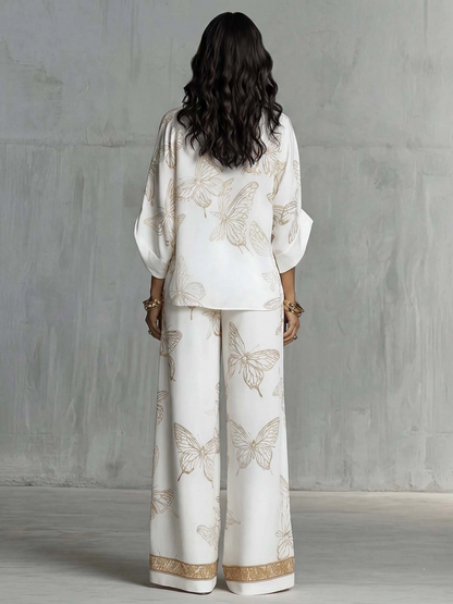 Elegant Butterfly Print Zip-Up Top & Wide Leg Pants Set