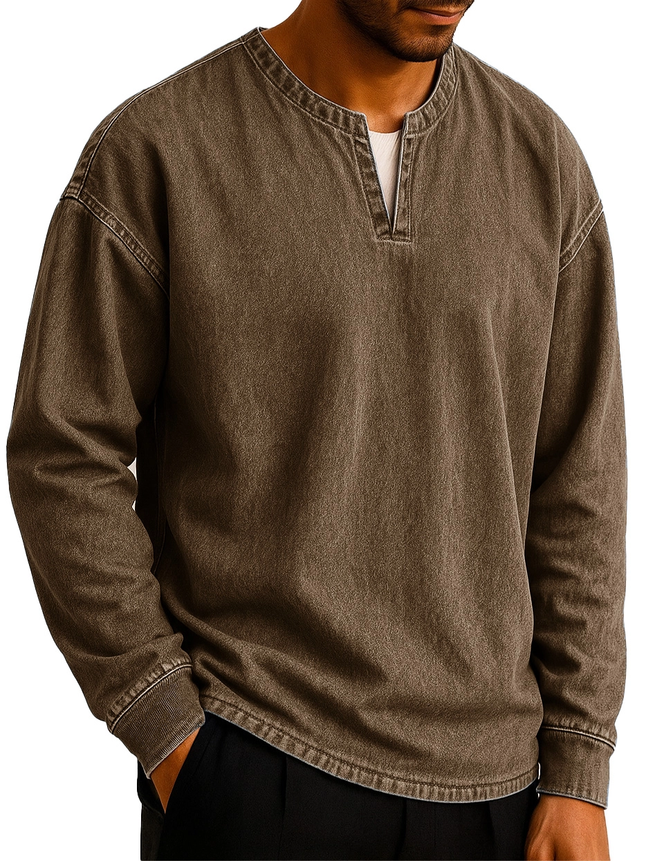 Men's Stylish Casual Outdoor V-neck Distressed Loose-fitting Long-sleeved T-shirt