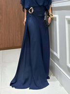 Elegant Blue Chiffon Cape Top & Wide-Leg Pants Two-Piece Set