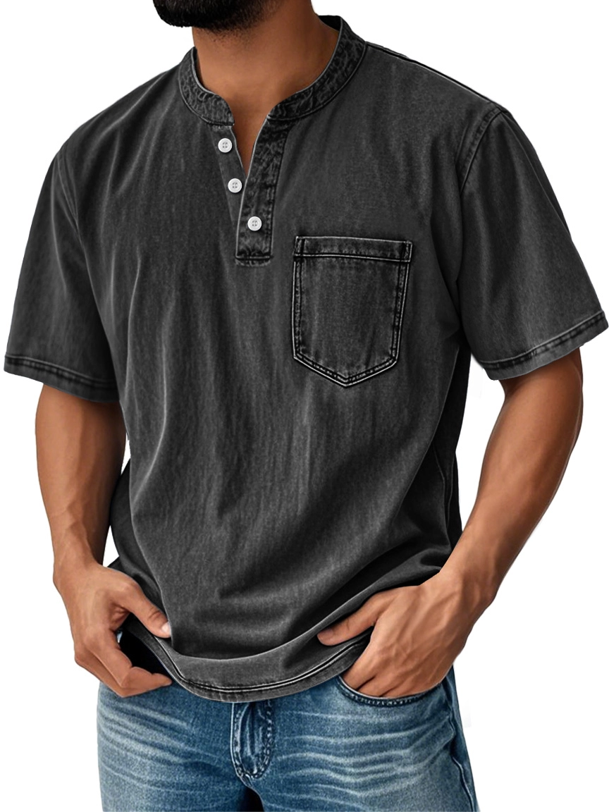 Men's Retro Stand Collar Casual Pocket Solid Color Short Sleeve Henley Shirt
