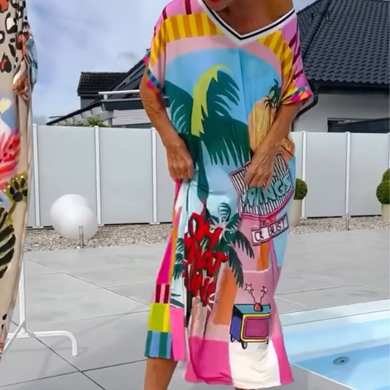 ⏳Time-limited Special⏰Women’s Fashion Print Short Sleeve V-Neck Dress