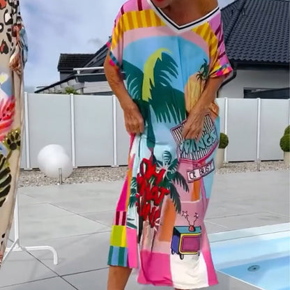⏳Time-limited Special⏰Women’s Fashion Print Short Sleeve V-Neck Dress