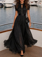 Elegant Lace Trim Pleated Chiffon Maxi Dress