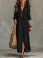 Black Button-Front Bohemian Shirt Maxi Dress