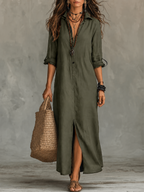 Black Button-Front Bohemian Shirt Maxi Dress