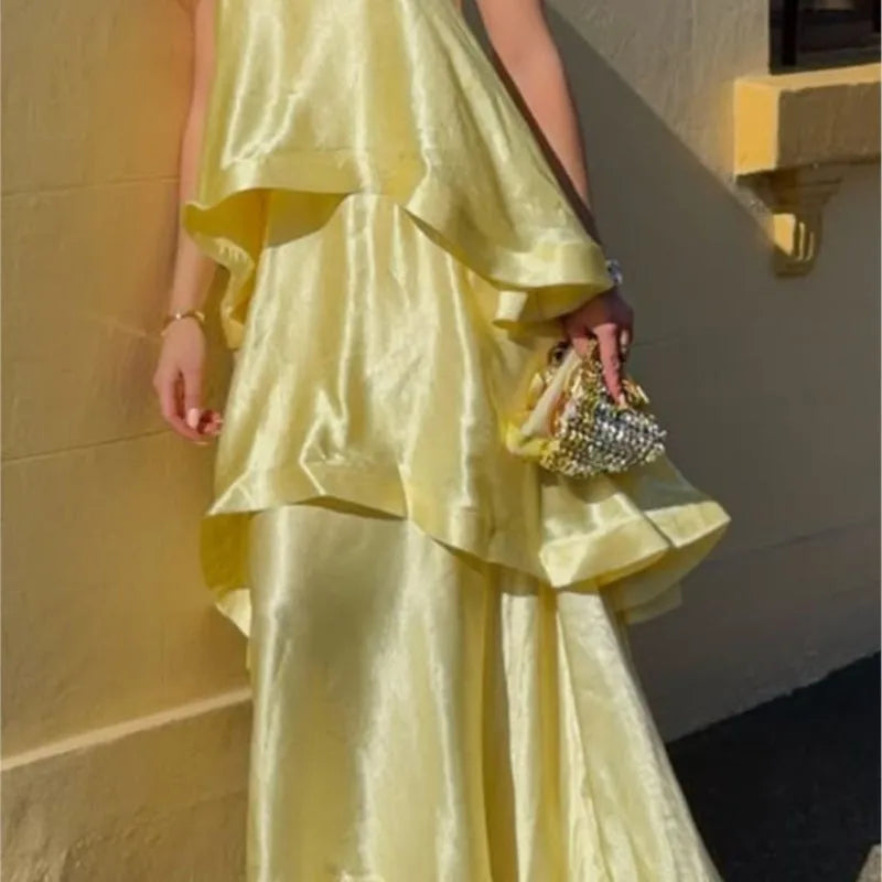Soft and Smooth Satin Tiered Slip Square Neck A-line Maxi Dress