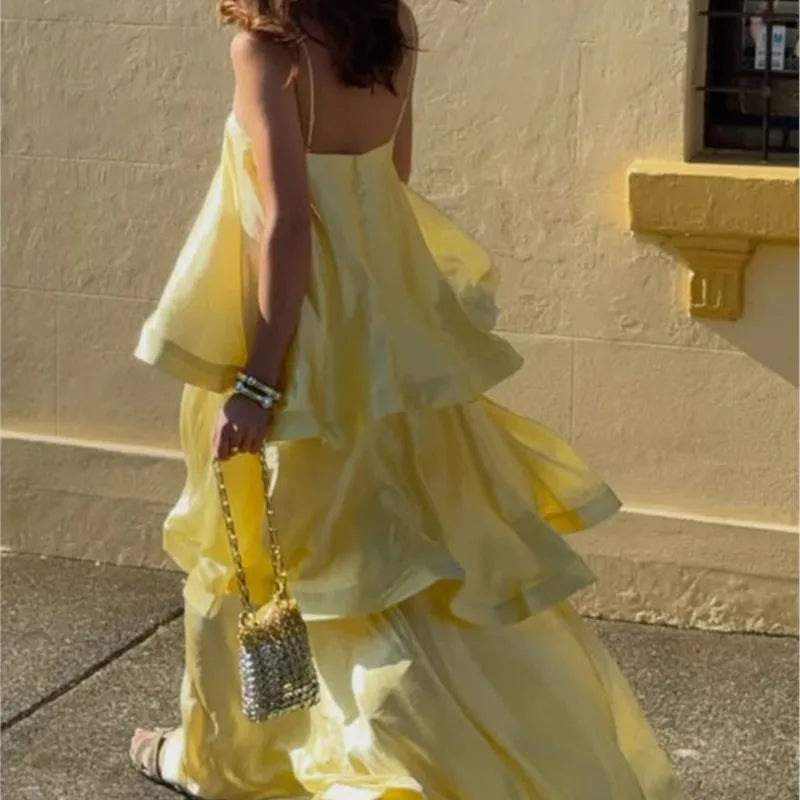 Soft and Smooth Satin Tiered Slip Square Neck A-line Maxi Dress