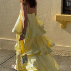 Soft and Smooth Satin Tiered Slip Square Neck A-line Maxi Dress