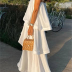 Soft and Smooth Satin Tiered Slip Square Neck A-line Maxi Dress