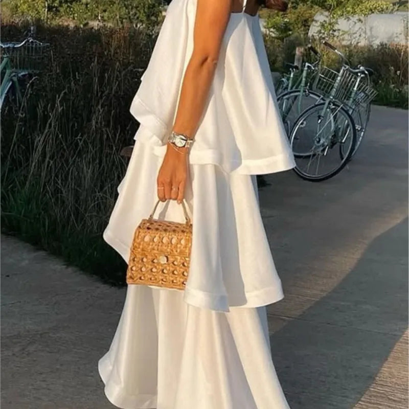 Soft and Smooth Satin Tiered Slip Square Neck A-line Maxi Dress