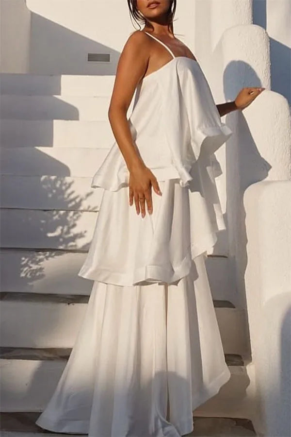 Soft and Smooth Satin Tiered Slip Square Neck A-line Maxi Dress