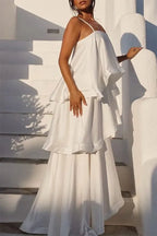 Soft and Smooth Satin Tiered Slip Square Neck A-line Maxi Dress
