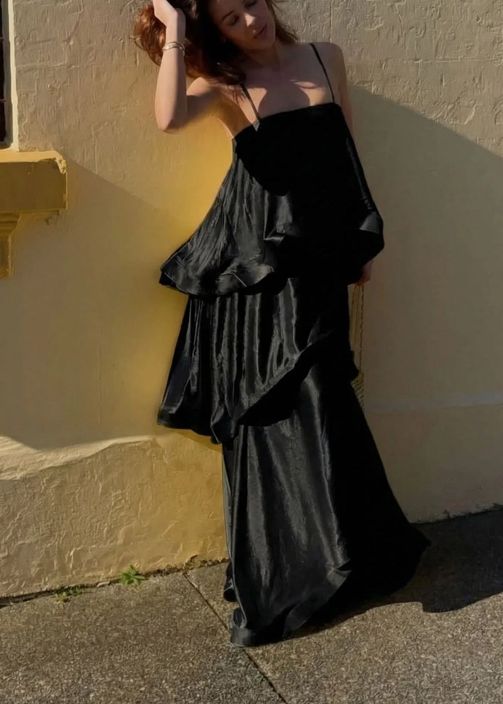Soft and Smooth Satin Tiered Slip Square Neck A-line Maxi Dress