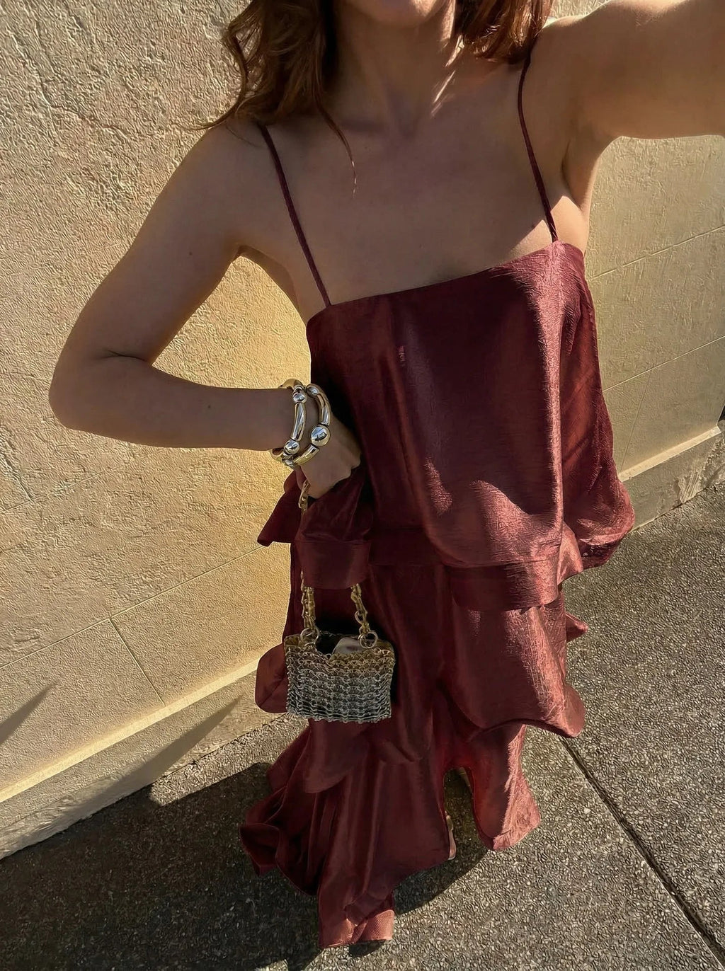 Soft and Smooth Satin Tiered Slip Square Neck A-line Maxi Dress
