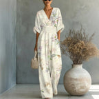 Women's Waist-Cinched V-Neck Printed Wide-Leg Jumpsuit