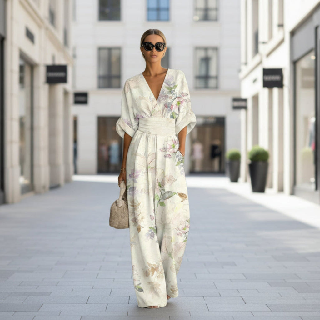 Women's Waist-Cinched V-Neck Printed Wide-Leg Jumpsuit